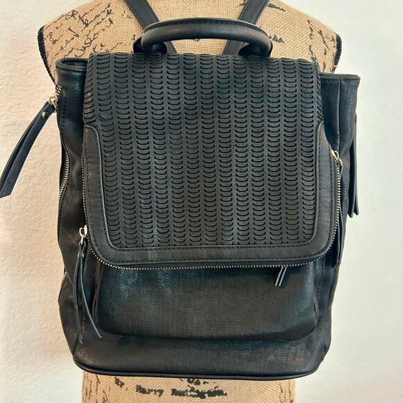 Other Handbags - Black vegan leather perforated backpack purse with gold zipper detail